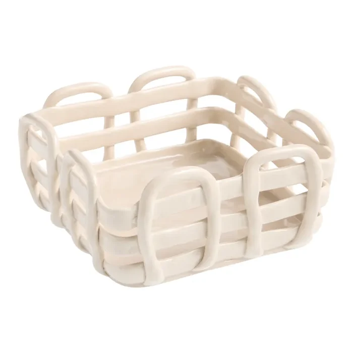Square Light Taupe Ceramic Open Weave Fruit Basket