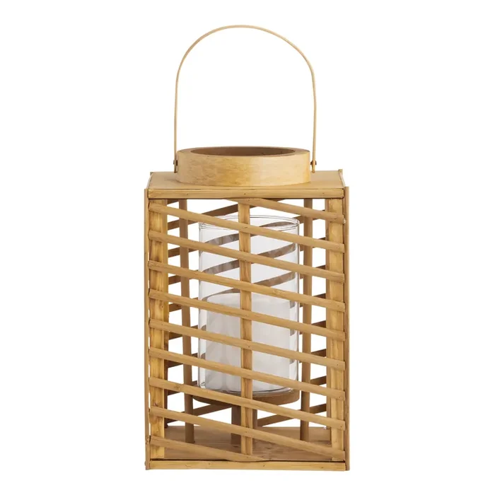 Square Natural Wood and Rattan Candle Lantern