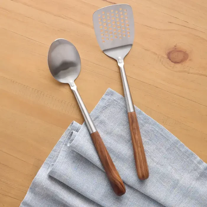 Stainless Steel and Natural Walnut Cooking Utensil Collection