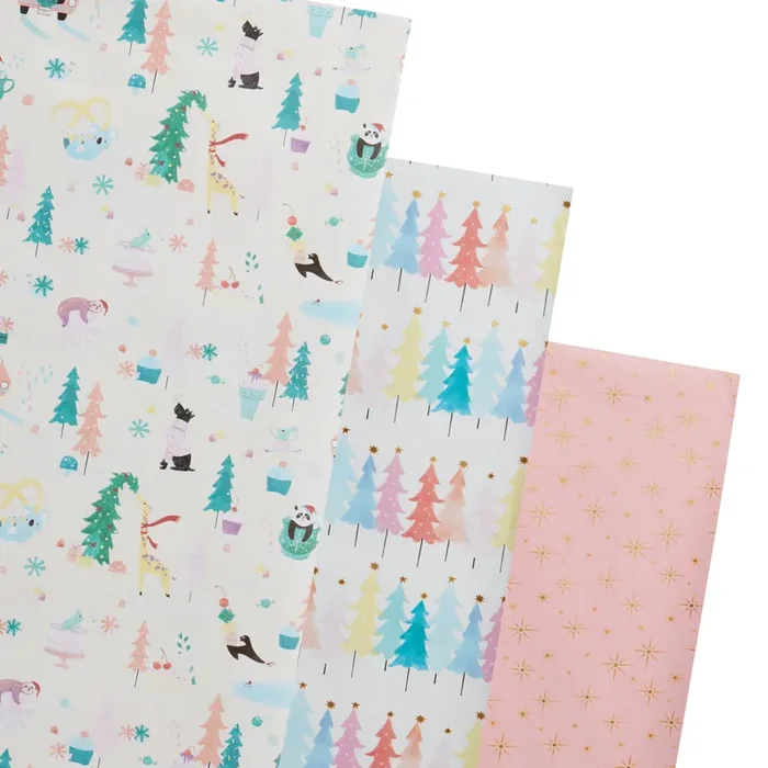 Stars, Trees and Animals Holiday Wrapping Paper Rolls 3 Pack