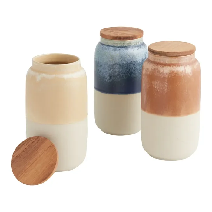 Tall Reactive Glaze Ceramic and Wood Storage Canister
