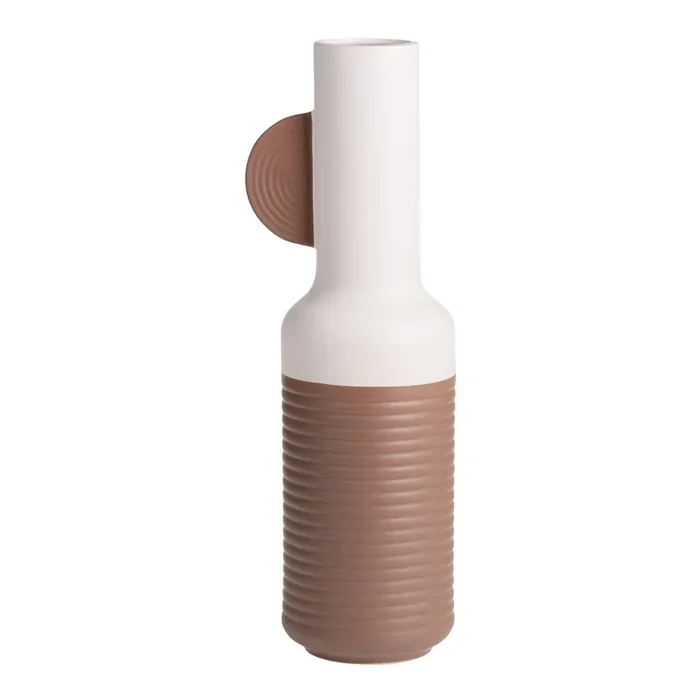 Tall White and Brown Ceramic Abstract Vase