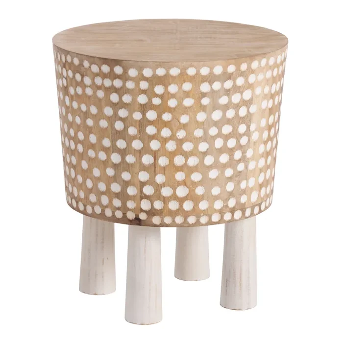Tally Round Natural Wood and Whitewash Dotted Side Table