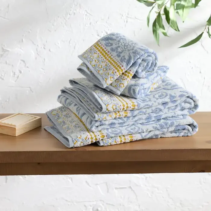 Tatiana Blue Floral Tile Terry Towel Collection