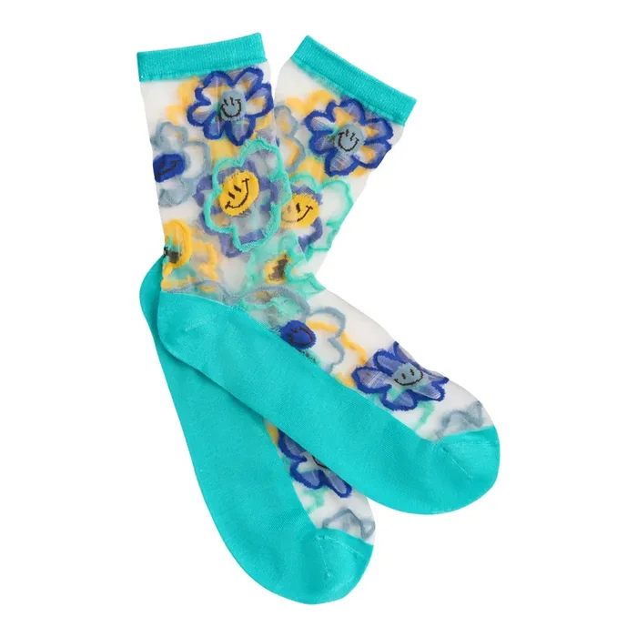 Teal and Yellow Smiley Face Flower Sheer Socks