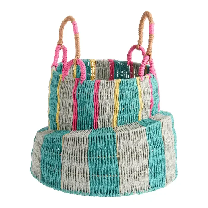 Teal Paper Rope Striped Asymmetrical Tote Basket