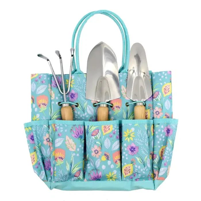 Teal Posey Fields Gardening Tote with Tools 5 Piece Set