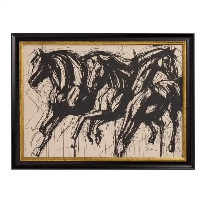 Three Black Horses Abstract Framed Linen Wall Art