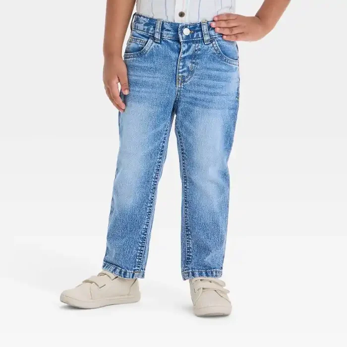 Toddler Boys‘ Button-Front Straight Leg Denim Pants – Cat & Jack™ Medium Wash 4T Adjustable Waist, Mid-Rise