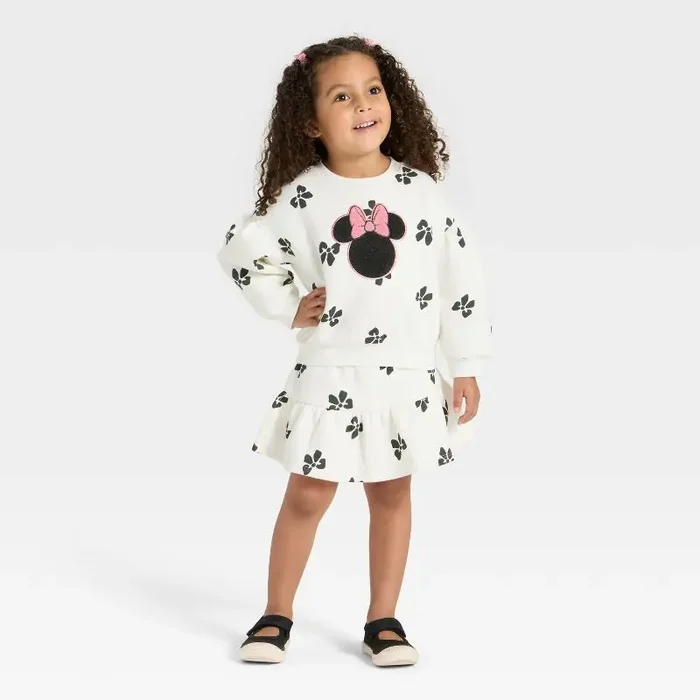 Toddler Girls‘ 2pc Disney Minnie Mouse Long Sleeve Top and Skort Set – Ivory 3T