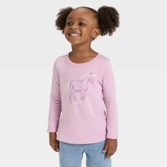 Toddler Girls‘ Long Sleeve Horse Graphic Shirt – Cat & Jack™ Lavender 3T