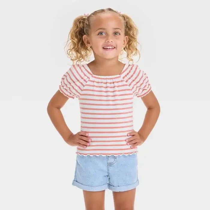Toddler Girls‘ Terracotta Striped Shirt – Cat & Jack™ Off-White 3T Cotton Blend, Recycled Polyester, Spandex, Squareneck, Puff Sleeve