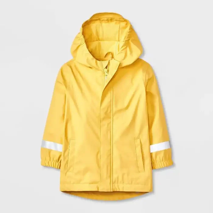 Toddler Solid Rain Coat – Cat & Jack™ Yellow 3T Hooded, Water-Resistant, Elastic Cuffs, Reflective Details