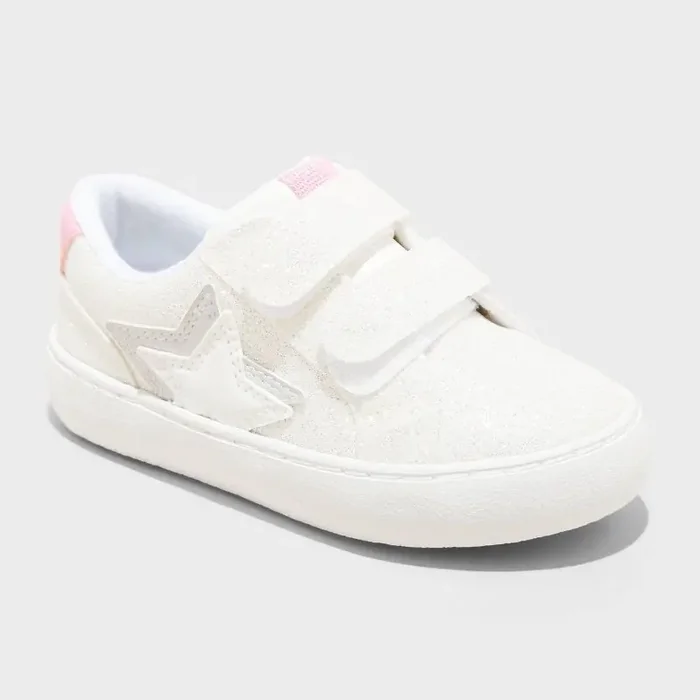 Toddler Sora Glitter Sneakers – Cat & Jack™ White 5T Hook and Loop, Star Pattern, Closed Round Toe