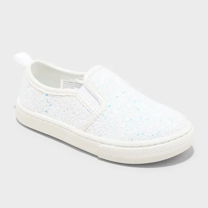 Toddler Yana Slip-On Glitter Sneakers – Cat & Jack™ White 10T Faux Leather, Non-Marking Sole, Closed Round Toe