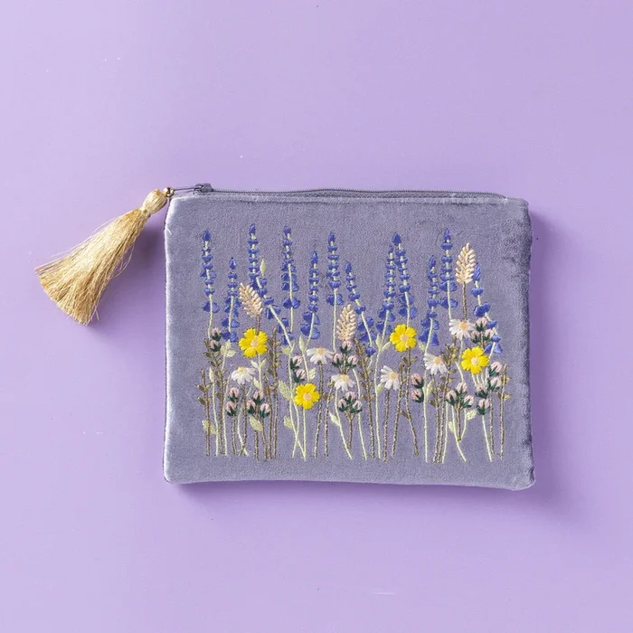 VELVET ZIP PURSE WITH EMBROIDERED LAVENDER MEADOW