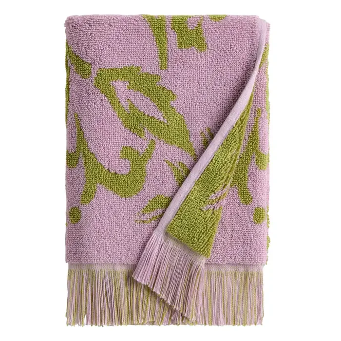 Viola Pink and Green Filigree Mid Century Hand Towel