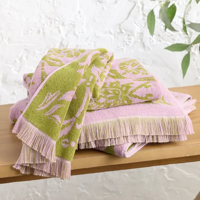 Viola Pink and Green Filigree Mid Century Towel Collection