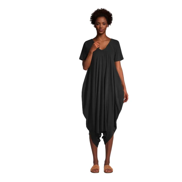 Washed Black Knit V Neck Lounge Jumpsuit with Pockets