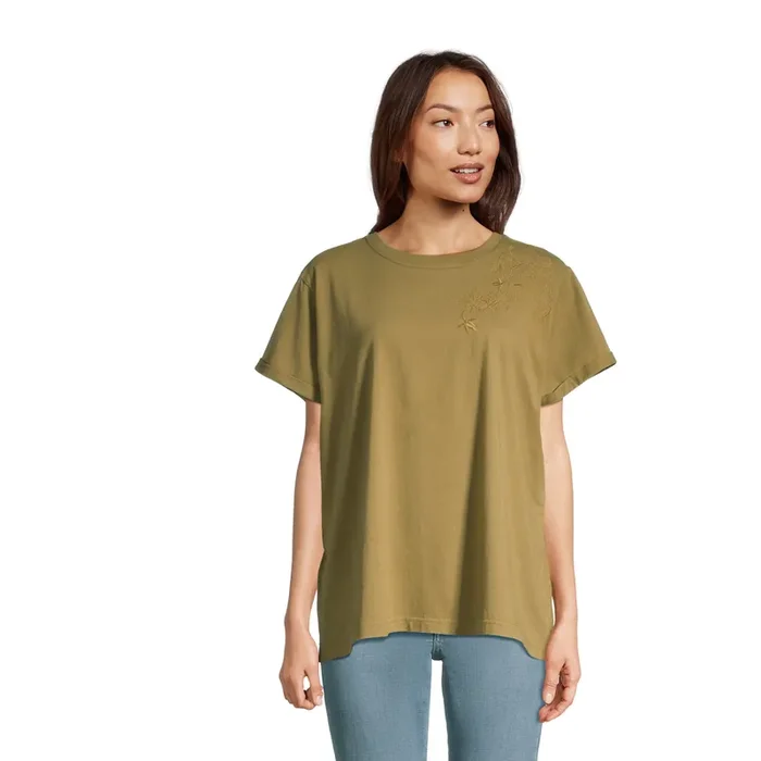 Washed Olive Jersey Floral Embroidered T-Shirt