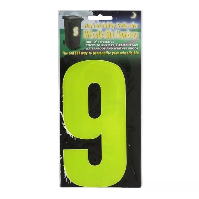 Wheelie Bin Sticker Yellow High Visibility Reflective – Number 9