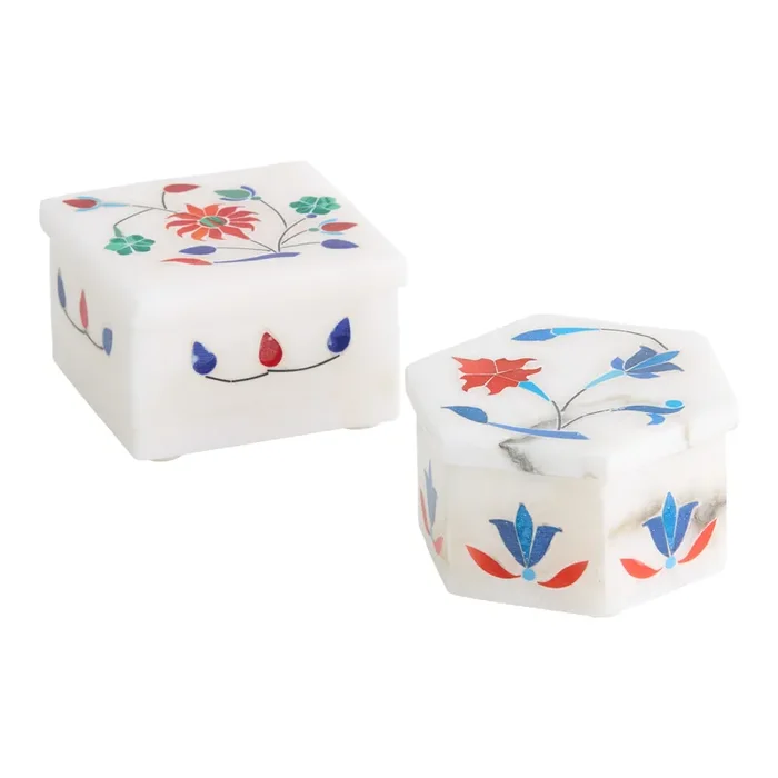 White Alabaster and Stone Floral Inlay Trinket Box