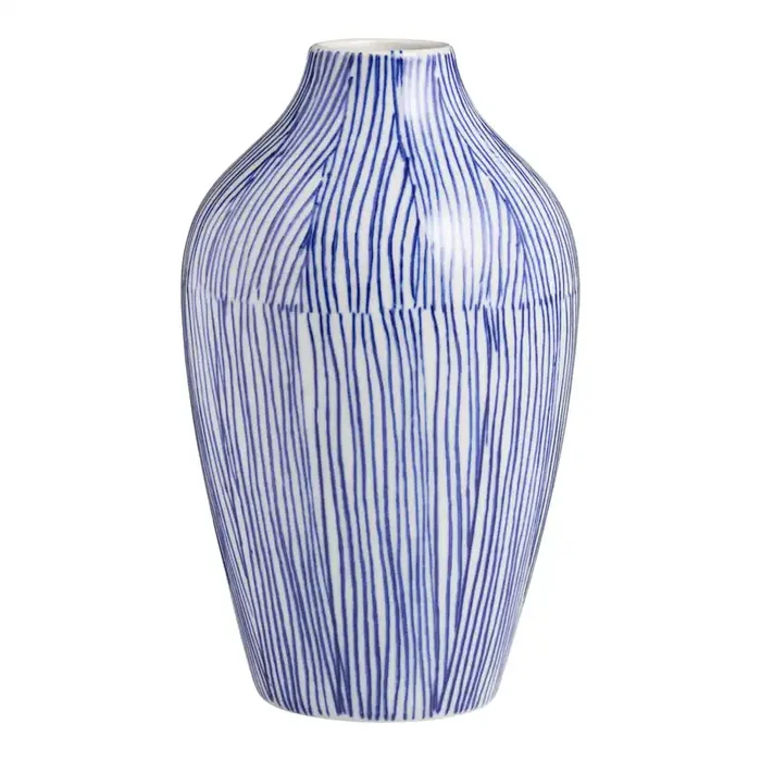 White and Blue Ceramic Sketched Stripes Vase