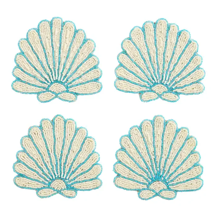 White and Blue Seashell Beaded Coasters 4 Pack