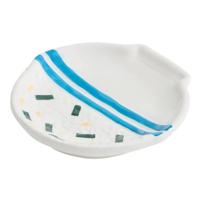 White and Blue Striped Ceramic Rice Bowl Figural Spoon Rest