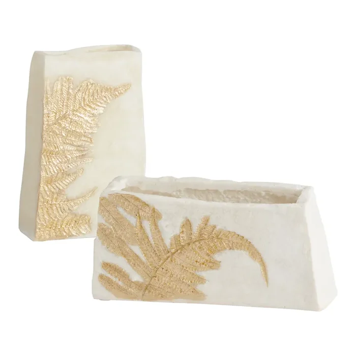 White and Gold Resin Embossed Fern Vase