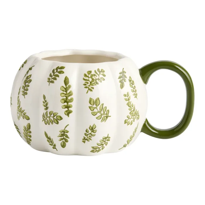 White and Green Botanical Pumpkin Figural Ceramic Mug