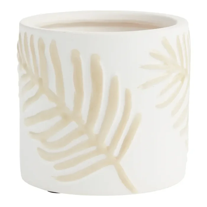 White And Tan Embossed Leaf Ceramic Planter