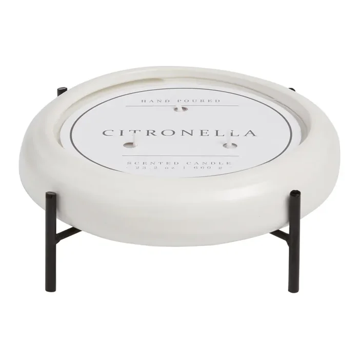 White Ceramic 3 Wick Citronella Candle With Stand
