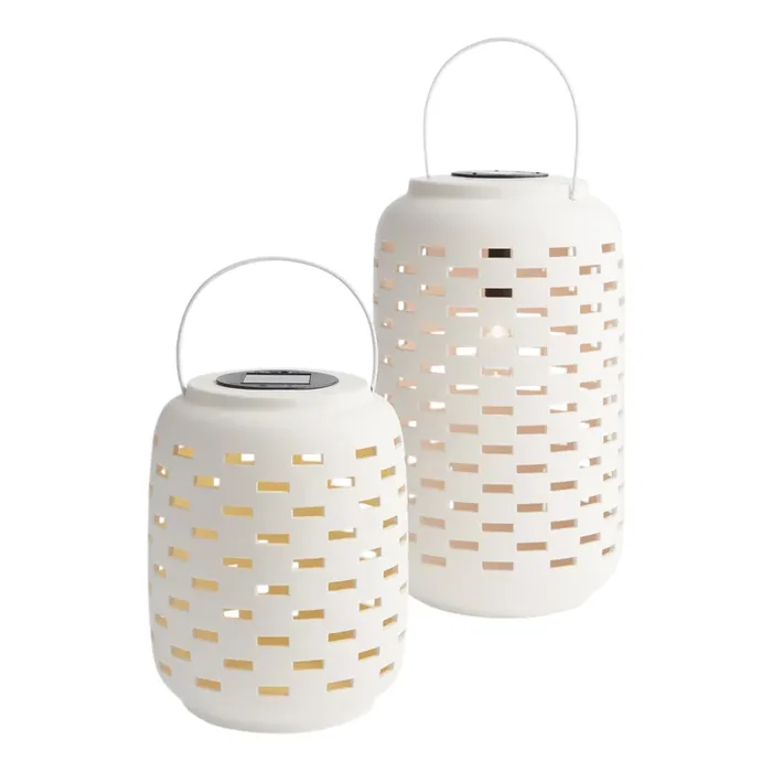 White Ceramic Geo Dashes Solar LED Lantern