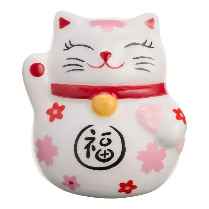 White Ceramic Lucky Cat Floral Chopstick Rest