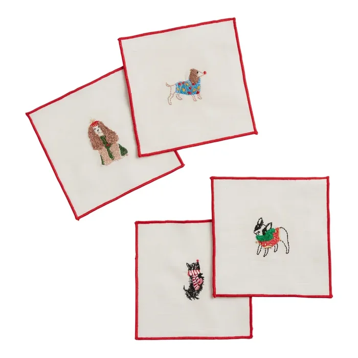 White Cotton Christmas Dogs Beverage Napkins 4 Pack
