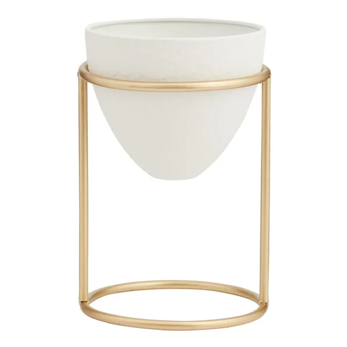 White Faux Cement Tapered Planter With Gold Stand
