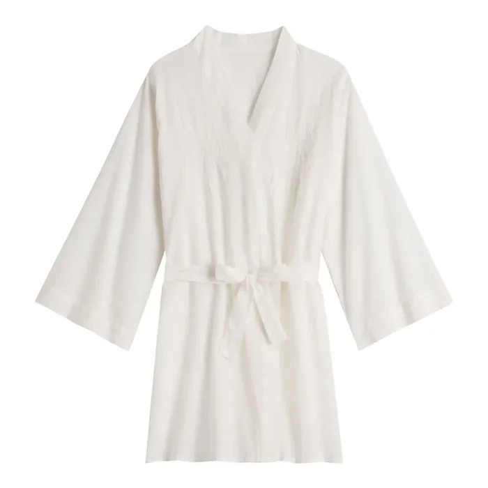 White Floral Embroidered Cotton Perla Robe