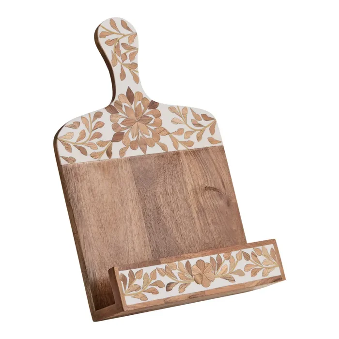 White Floral Inlay Wood Cookbook Stand