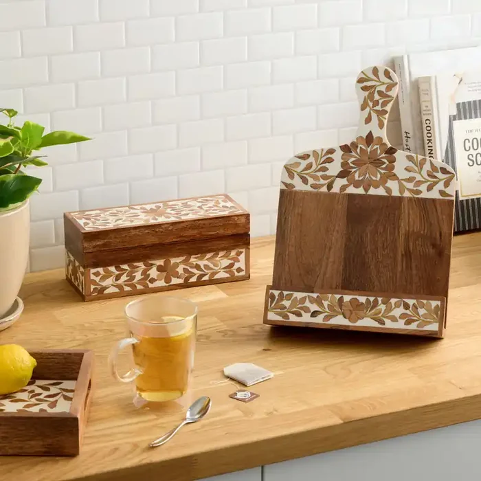 White Floral Inlay Wood Kitchenware Collection