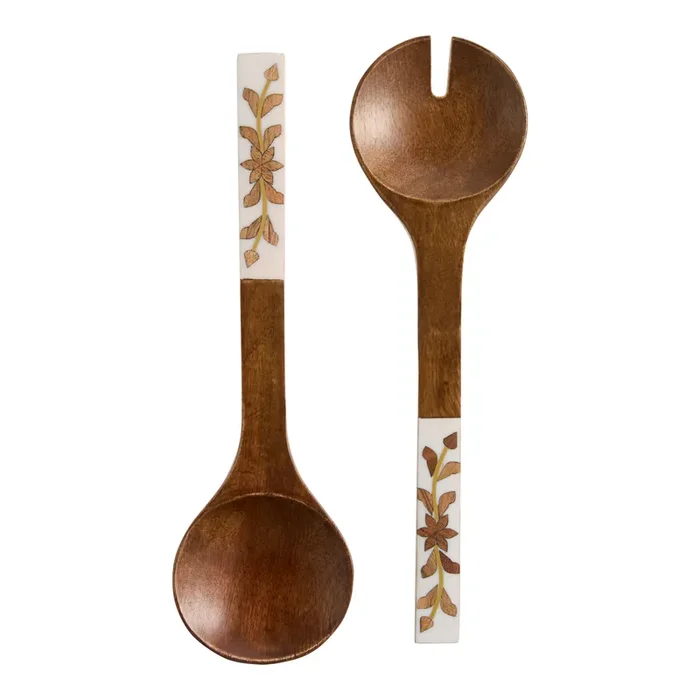 White Floral Inlay Wood Salad Servers 2 Piece Set