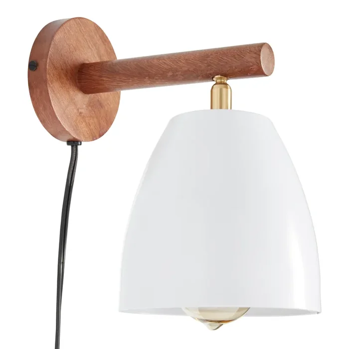White Metal and Natural Wood Adjustable Wall Sconce
