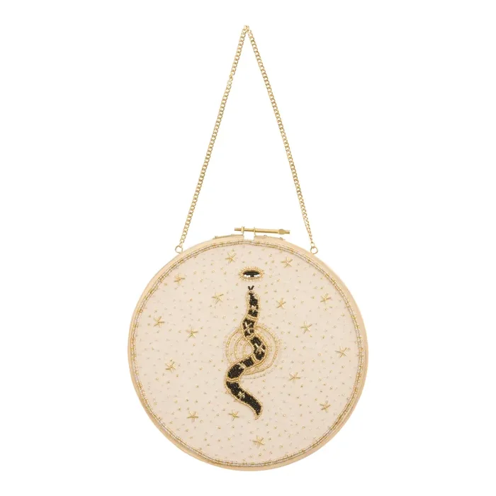 White Mystic Snake Embroidered Beaded Disc Wall Decor