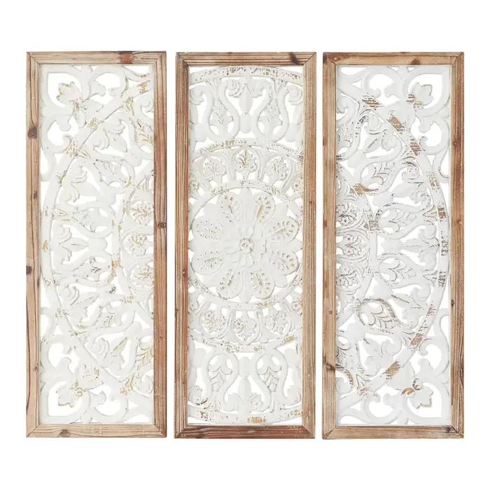 White Wood Floral Panel Farmhouse Wall Decor 3 Piece