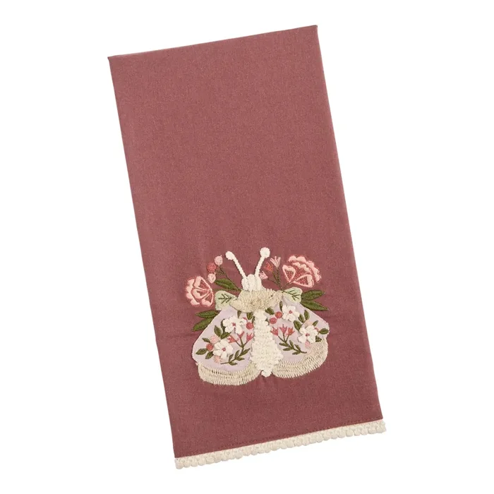 Wine Red Floral Moth Embroidered Kitchen Towel