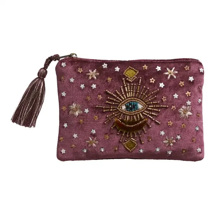 Wine Red Velvet Evil Eye Celestial Beaded Jewelry Pouch
