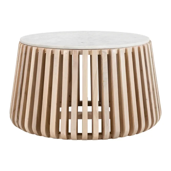 Winslow Round White Marble Top and Slatted Wood Coffee Table