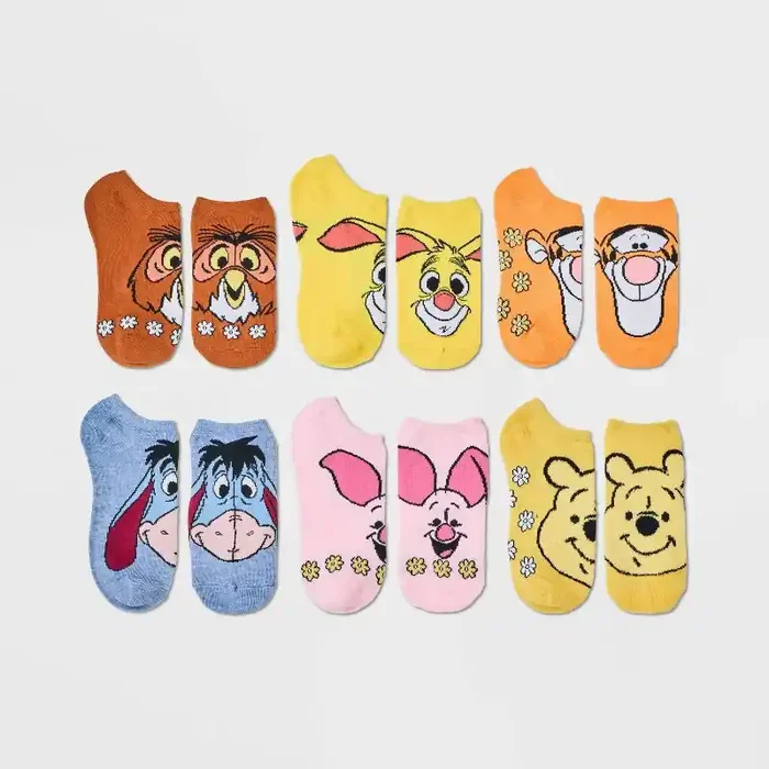 Women‘s 6pk Winnie The Pooh Low Cut Socks – Assorted Colors 4-10 Disney Knit Figures Eeyore Piglet Tigger Rabbit