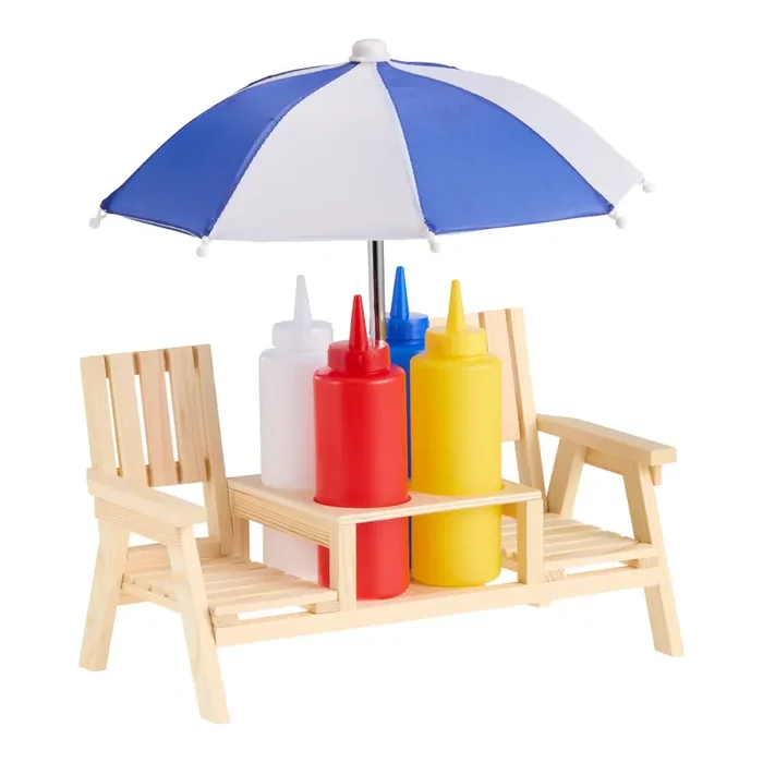Wood Picnic Bench with Umbrella Condiment Holder Set