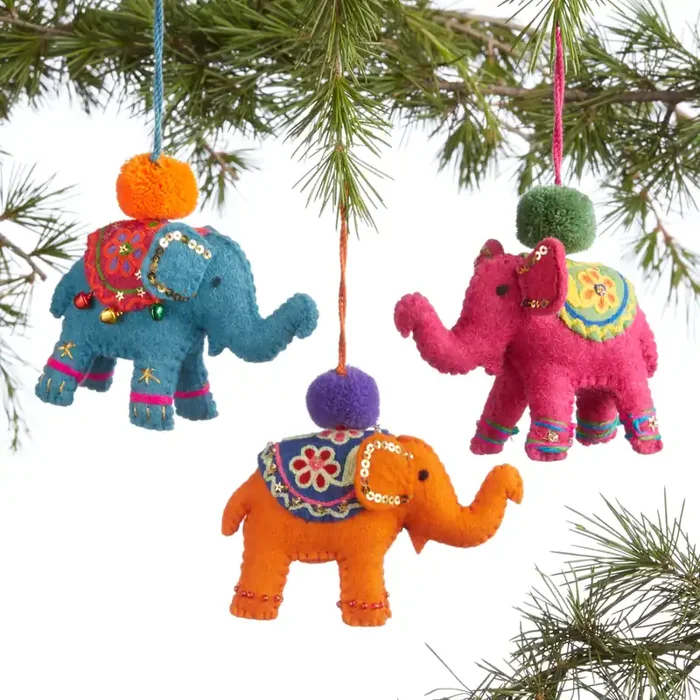 Wool Indian Elephant Ornaments Set of 3
